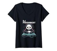 Womens DJ PANDABEAT Panda DJ Mixing Turntables Club EDM V-Neck T-Shirt
