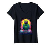Womens DJ Parrot Retro Pop Art Style V-Neck T-Shirt