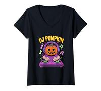 Womens DJ Pumpkin Halloween DJ Spooky Music Vibes V-Neck T-Shirt