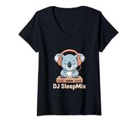 Womens DJ SleepMix Cute Koala with Headphones at Turntable V-Neck T-Shirt