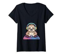 Womens DJ Sloth Mixing Beats Music Enthusiast V-Neck T-Shirt