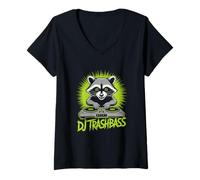 Womens DJ TRASHBASS Raccoon EDM Turntable Club Vibes V-Neck T-Shirt