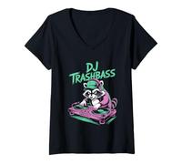 Womens DJ Trashbass Raccoon Turntable EDM Club Party V-Neck T-Shirt