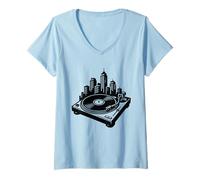 Womens DJ Vinyl Turntable City Skyline, Old Skool Jungle Rave Music V-Neck T-Shirt
