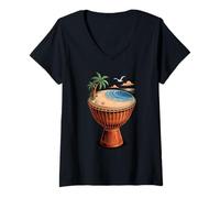 Womens Djembe Drum Tropical Beach Palm Ocean Rhythm Music Art V-Neck T-Shirt