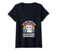 Womens Do Not Disturb Recharging Meow-Ment Retro Cat V-Neck T-Shirt