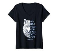 Womens Do Not Fear for I Am with You Bible Verse Polar Wolf V-Neck T-Shirt