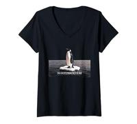 Women's Do Not Perceive Me Penguin On Ice Floe Dithered Graphic V-Neck T-Shirt