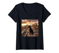 Women's Doberman City Skyline Sunset Rooftop View Scene V-Neck T-Shirt
