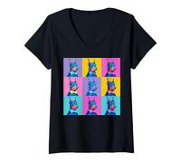 Women's Doberman Colorful Pop Art Bow Tie Dog Grid Portrait V-Neck T-Shirt