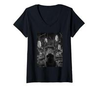 Womens Doberman Selfie with Ghosts Haunted Forest Halloween Dog V-Neck T-Shirt