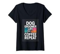 Women's Dog Groomer Life Coffee Repeat Funny Coffee V-Neck T-Shirt