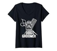 Womens Dog Groomer Vintage Salon Grooming Pet Stylist V-Neck T-Shirt
