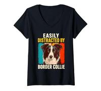 Women's Dog Humor Easily Distracted By Border Collie Retro Vintage V-Neck T-Shirt
