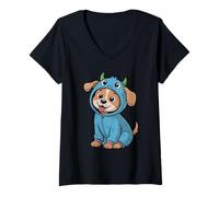 Women's Dog in a Monster Pajama Cute Cartoon Puppy V-Neck T-Shirt