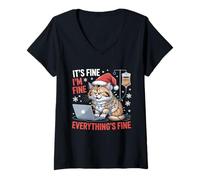 Womens Dog in Santa Hat It's Fine Coffee IV Christmas Humor V-Neck T-Shirt