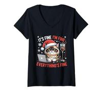Womens Dog in Santa Hat It's Fine Coffee IV Christmas Humor V-Neck T-Shirt