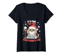 Womens Dog in Santa Hat It's Fine Coffee IV Christmas Humor V-Neck T-Shirt