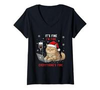 Womens Dog in Santa Hat It's Fine Coffee IV Christmas Humor V-Neck T-Shirt