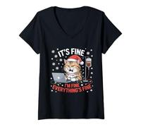 Womens Dog in Santa Hat It's Fine Coffee IV Christmas Humor V-Neck T-Shirt
