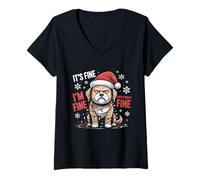 Womens Dog in Santa Hat It's Fine Everything's Fine Christmas Humor V-Neck T-Shirt