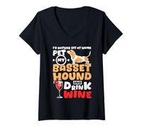 Women's Dog Lover Basset Hound and Wine V-Neck T-Shirt