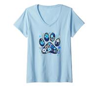 Womens Dog Lover Dog Paw Print Floral Dog Mom Blue Flower Dog Theme V-Neck T-Shirt