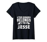 Womens Dog Name Jesse Personalised Gift This Human Belongs to a V-Neck T-Shirt