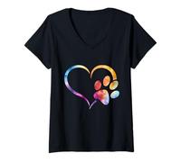 Womens Dog Paw print heart Watercolor rainbow abstract V-Neck T-Shirt