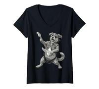 Women's Dog Playing Guitar Rock & Roll Dogs Rocker Music V-Neck T-Shirt