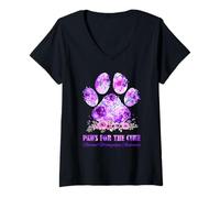Womens Dog Print Paws for The Cure Fibromyalgia Awareness Month V-Neck T-Shirt
