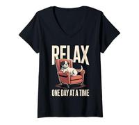 Women's Dog Relax One Day At A Time Motivation V-Neck T-Shirt