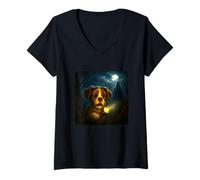 Womens Dog Scary Horror Night Flashlight Halloween Ghost V-Neck T-Shirt