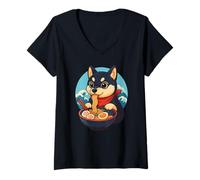 Womens Dog Shiba Inu Eats Ramen Noodles Japanese Vintage V-Neck T-Shirt
