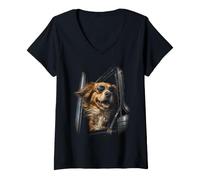 Women's Dog Sunglasses Truck Driving V-Neck T-Shirt