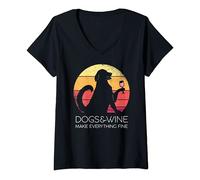 Womens Dogs and Wine make everything fine. Dogs wine love fun V-Neck T-Shirt
