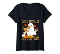 Womens Dogs Because People are Creepy Ghost Dog Mom V-Neck T-Shirt