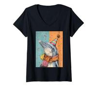 Women's Dolphin Birthday Confetti Retro Pop Art V-Neck T-Shirt