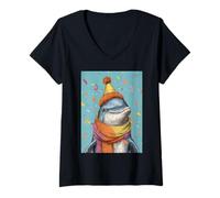 Women's Dolphin Birthday Confetti Retro Pop Art V-Neck T-Shirt
