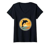 Womens Dolphin Island Sunset Circle V-Neck T-Shirt