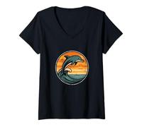 Womens Dolphin on Wave Sunset Circle V-Neck T-Shirt