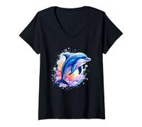 Womens Dolphin Sea Creatures Ocean Watercolours Colourful Dolphin V-Neck T-Shirt