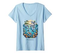 Womens Dolphin Vacation City Barbados Beach Destination V-Neck T-Shirt