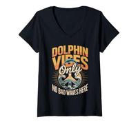 Women's Dolphin Vibes Only No Bad Waves Her Funny Dolphin Saying V-Neck T-Shirt