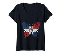 Women's Dominican Republic Butterfly Flag Pride V-Neck T-Shirt