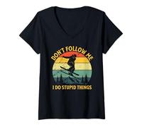 Womens Don’t Follow Me I Do Stupid Things Funny Skiing Humor Skier V-Neck T-Shirt