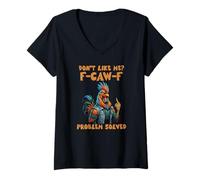 Womens Don’t Like Me F-Caw-F Problem Solved Funny Rooster V-Neck T-Shirt