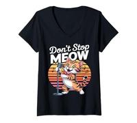 Womens Don’t Stop Meow Funny Cat Singer Retro V-Neck T-Shirt