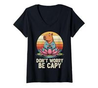 Womens Don"t Worry Be Capy Funny Capybara Love Yoga Summer Retro V-Neck T-Shirt