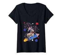 Women's Donkey Sunglasses US Flag Riding Firecracker 4th July V-Neck T-Shirt